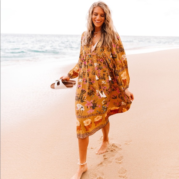 Mustard Yellow Floral Boho Peasant Midi Dress - Picture 2 of 8